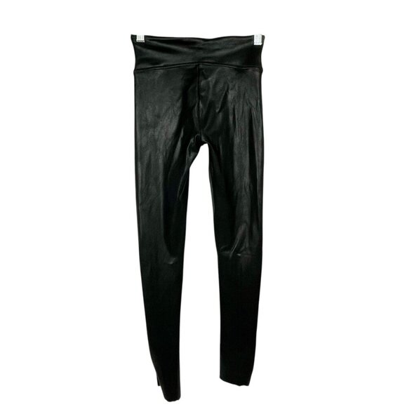 Spanx Faux Leather Racer Stripe Leggings Black Raw Hem XS Bodycon Workout Gym - Picture 6 of 11